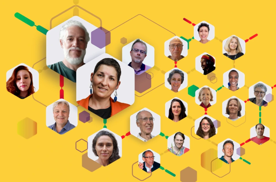 Photos des membres du collectif en réseau d'hexagones sur fond jaune.